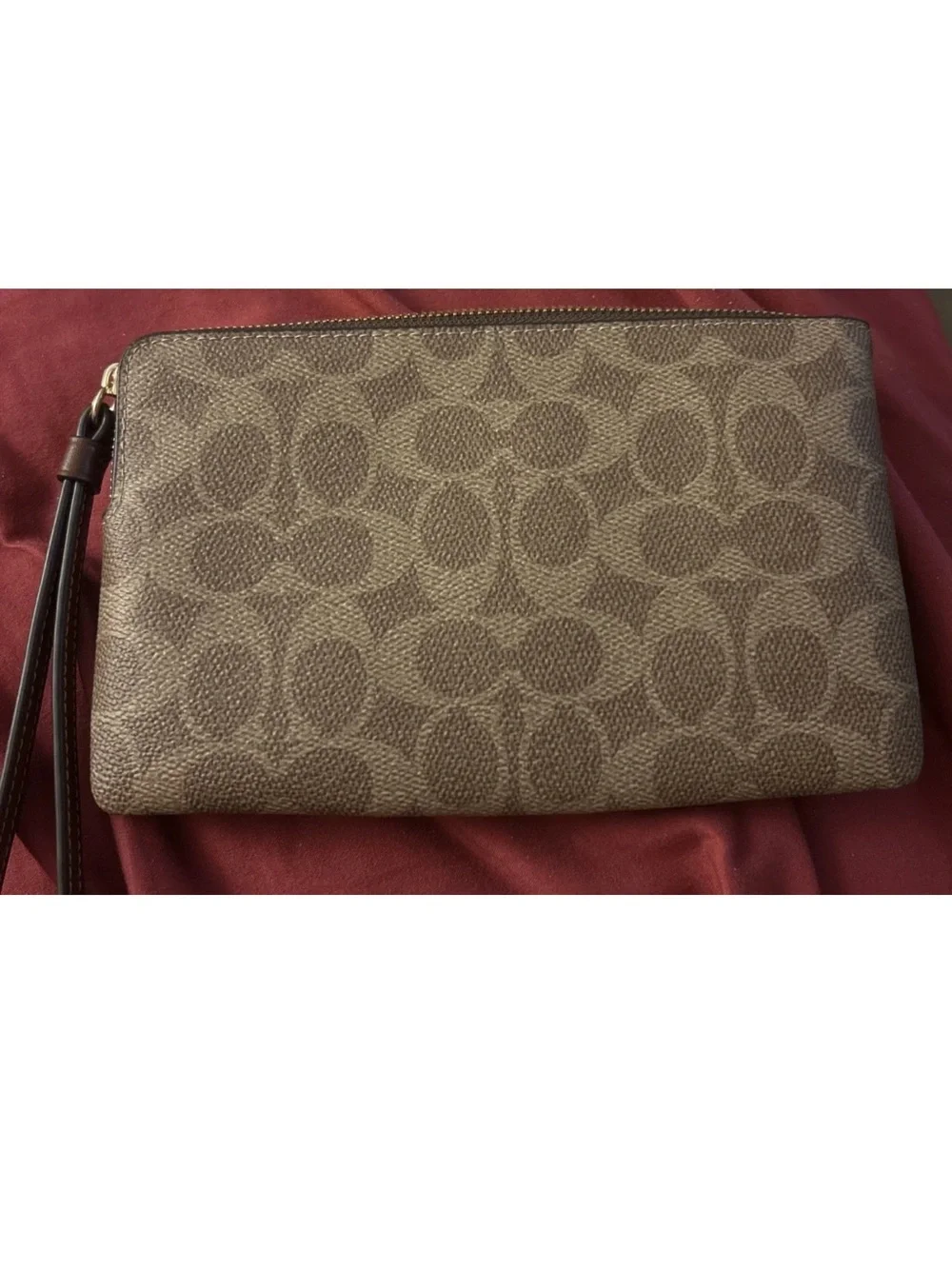 Coach Tan Signature Canvas Zip Wristlet with Gold Logo